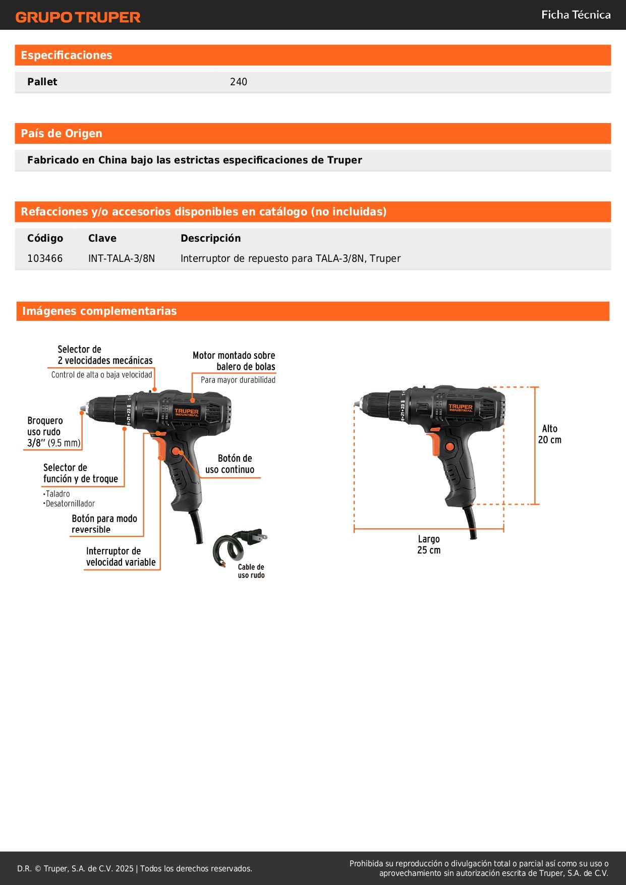 Taladro atornillador 3/8", 400W, TRUPER INDUSTRIAL