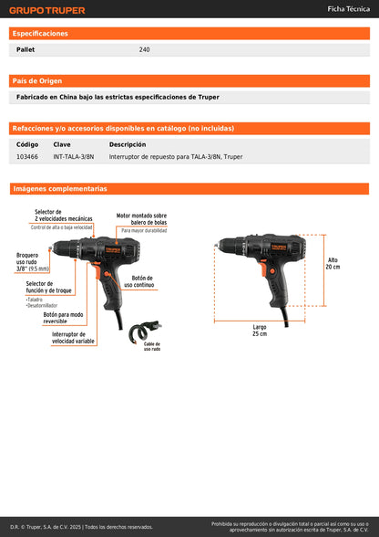 Taladro atornillador 3/8", 400W, TRUPER INDUSTRIAL