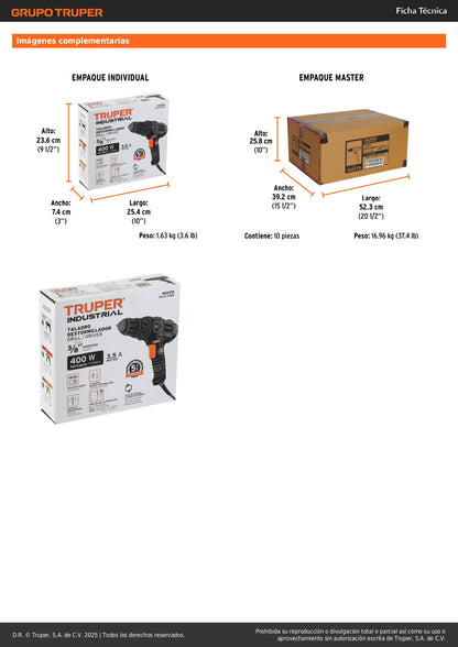 Taladro atornillador 3/8", 400W, TRUPER INDUSTRIAL