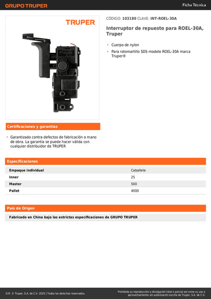 Interruptor de repuesto para ROEL-30A, Truper