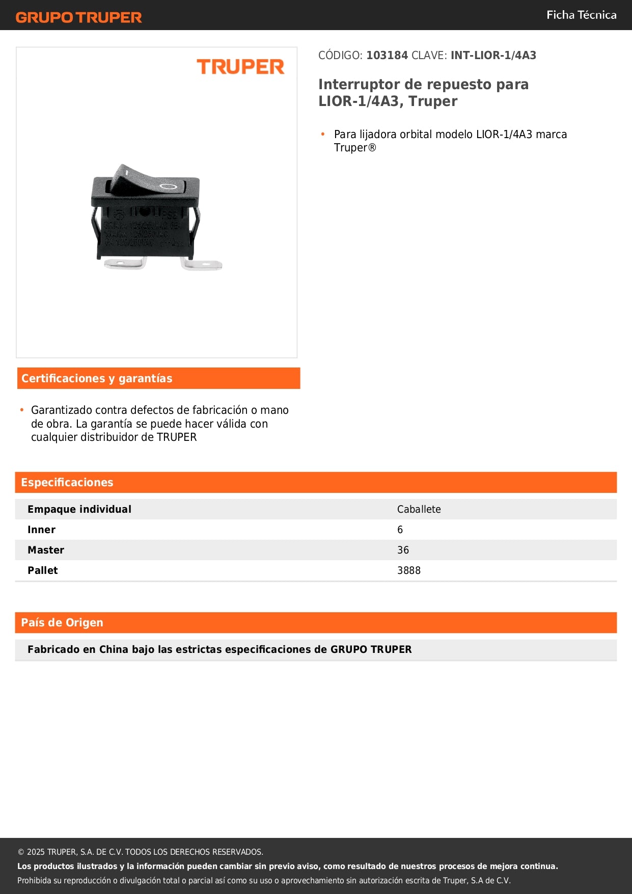 Interruptor de repuesto para LIOR-1/4A3, Truper