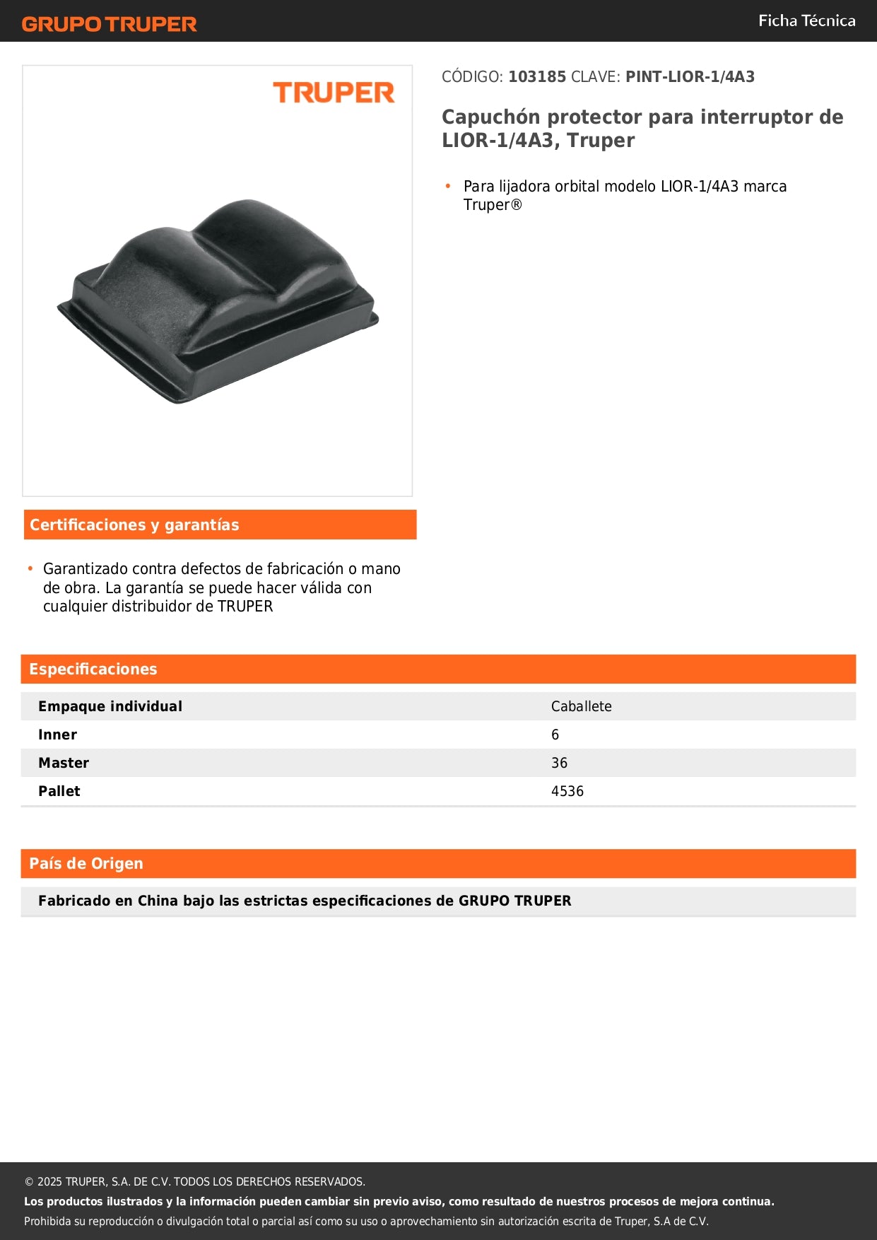 Capuchón protector para interruptor de LIOR-1/4A3, Truper