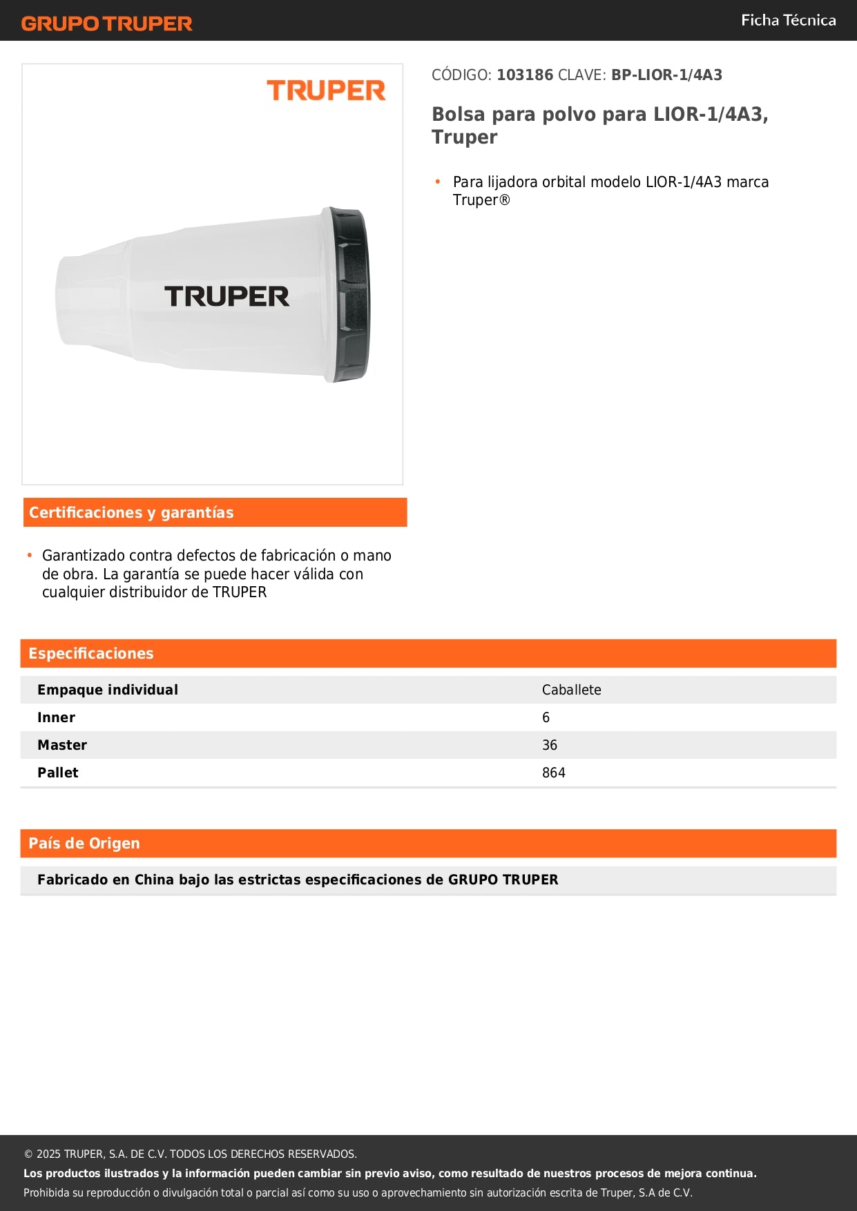 Bolsa para polvo para LIOR-1/4A3, Truper