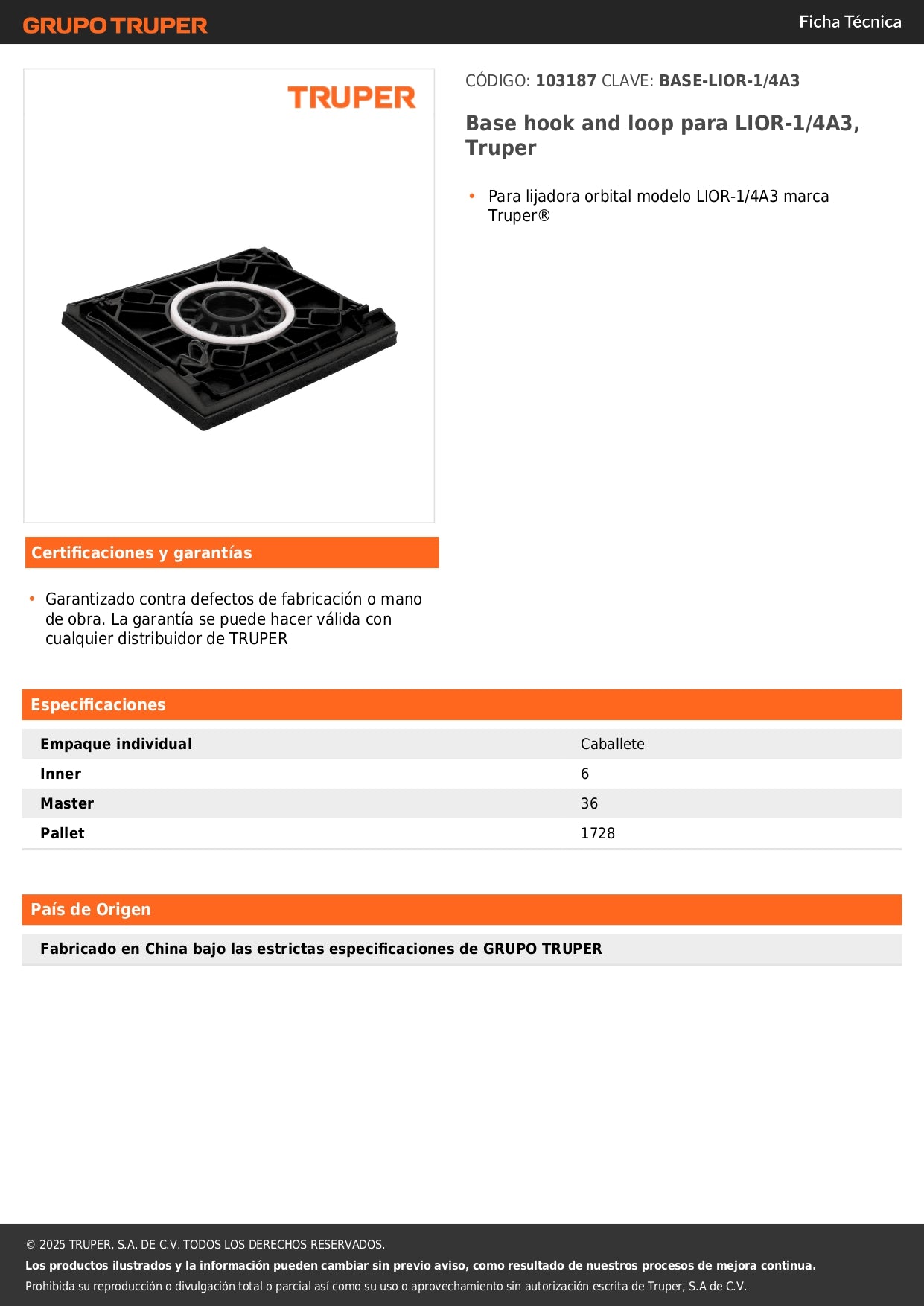 Base hook and loop para LIOR-1/4A3, Truper