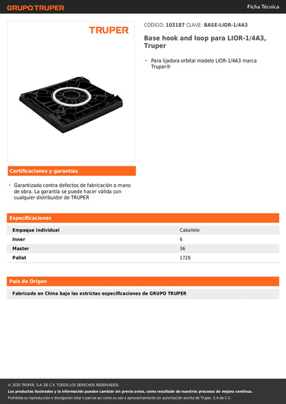 Base hook and loop para LIOR-1/4A3, Truper