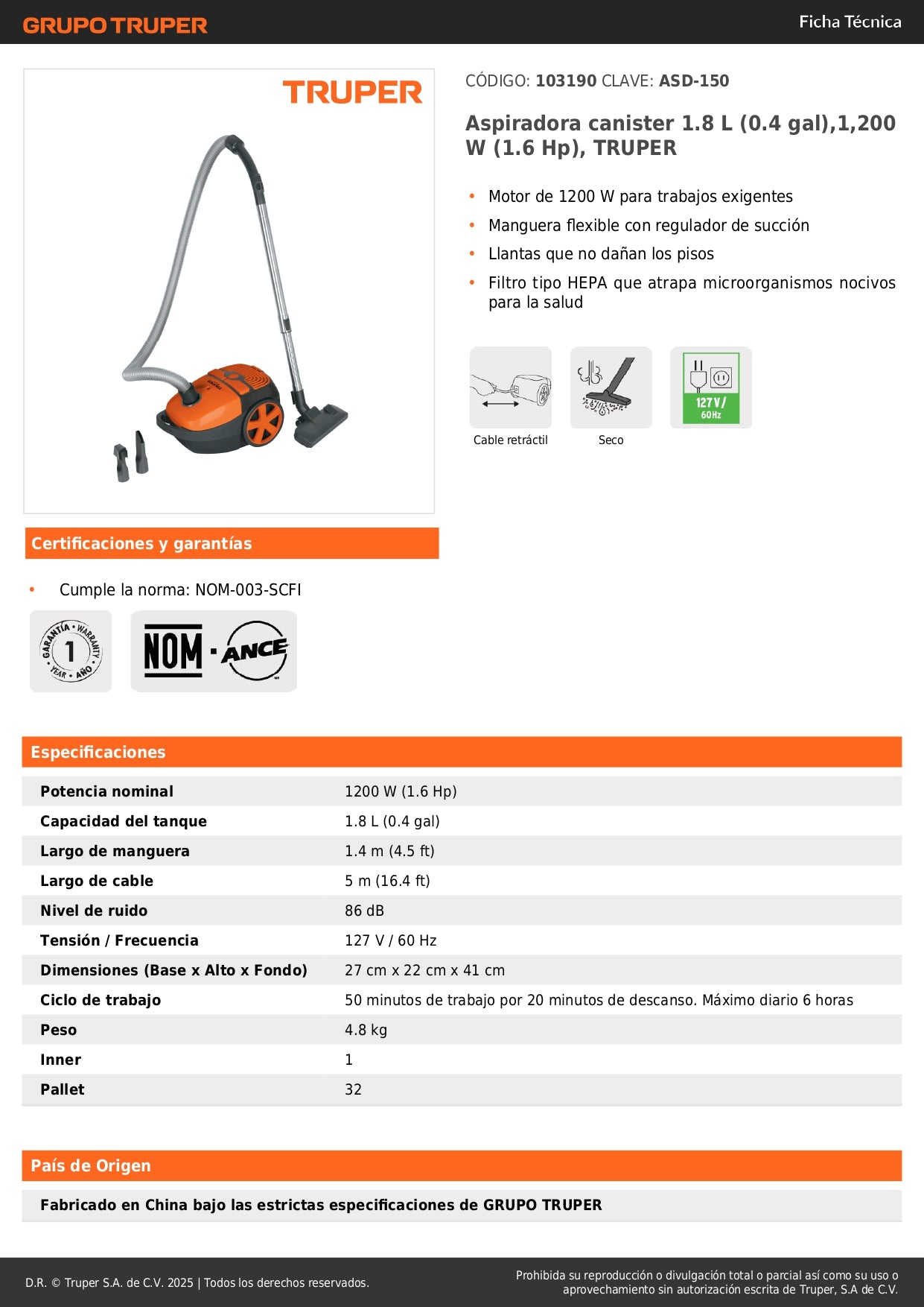 Aspiradora Canister TRUPER ASD-150 1200W - Filtro HEPA Antimicrobios - Solución Profesional para Limpieza Profunda