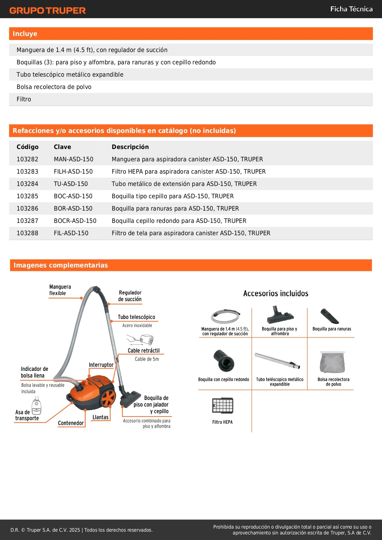 Aspiradora Canister TRUPER ASD-150 1200W - Filtro HEPA Antimicrobios - Solución Profesional para Limpieza Profunda