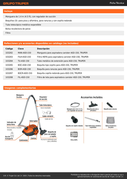 Aspiradora Canister TRUPER ASD-150 1200W - Filtro HEPA Antimicrobios - Solución Profesional para Limpieza Profunda