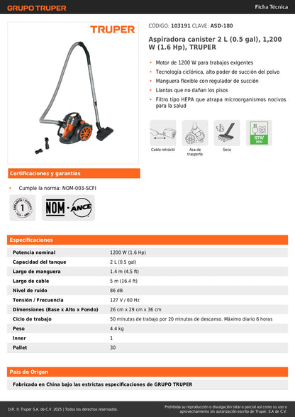 Aspiradora Canister TRUPER ASD-180 1200W Tecnología Ciclónica Filtro HEPA - Elimina Polvo y Microorganismos Nocivos para Hogar y Oficina