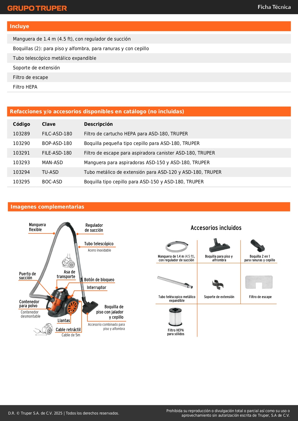 Aspiradora Canister TRUPER ASD-180 1200W Tecnología Ciclónica Filtro HEPA - Elimina Polvo y Microorganismos Nocivos para Hogar y Oficina