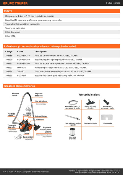 Aspiradora Canister TRUPER ASD-180 1200W Tecnología Ciclónica Filtro HEPA - Elimina Polvo y Microorganismos Nocivos para Hogar y Oficina