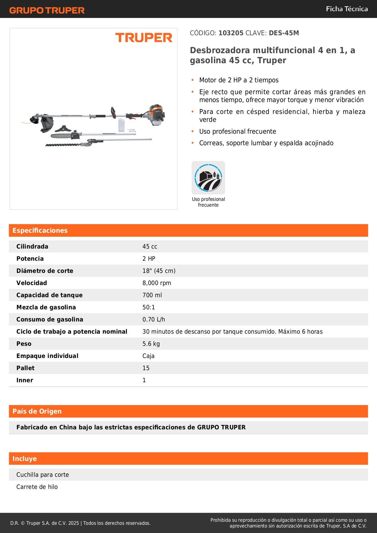 Desbrozadora Gasolina 45cc Truper DES-45M - Multifuncional 4 en 1 para Césped y Maleza Profesional