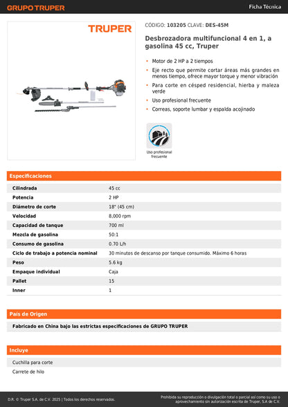 Desbrozadora Gasolina 45cc Truper DES-45M - Multifuncional 4 en 1 para Césped y Maleza Profesional