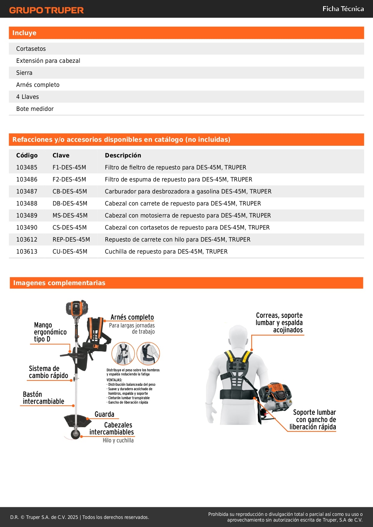 Desbrozadora Gasolina 45cc Truper DES-45M - Multifuncional 4 en 1 para Césped y Maleza Profesional