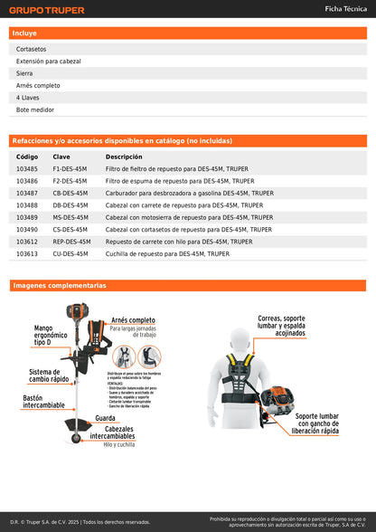 Desbrozadora Gasolina 45cc Truper DES-45M - Multifuncional 4 en 1 para Césped y Maleza Profesional