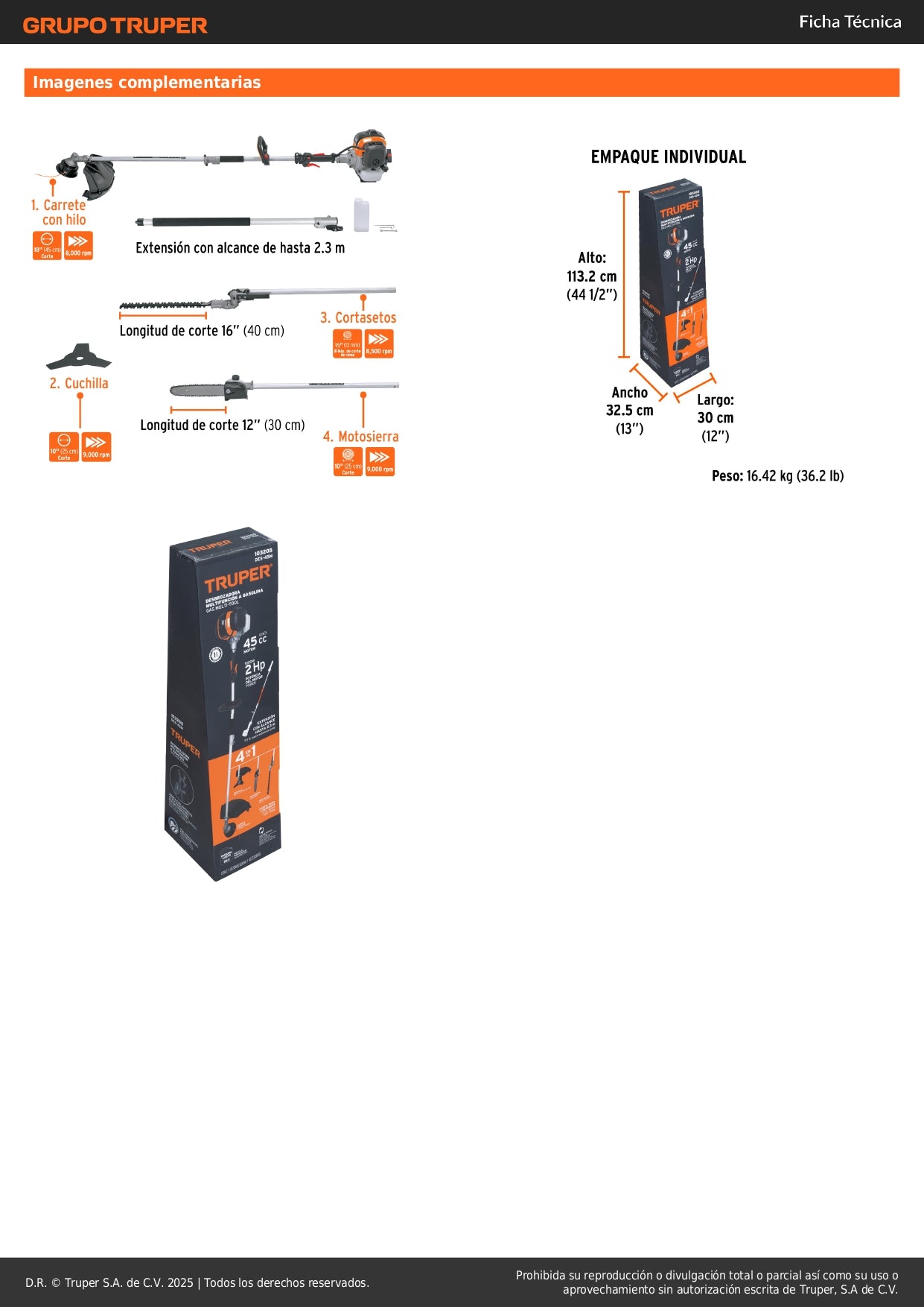 Desbrozadora Gasolina 45cc Truper DES-45M - Multifuncional 4 en 1 para Césped y Maleza Profesional