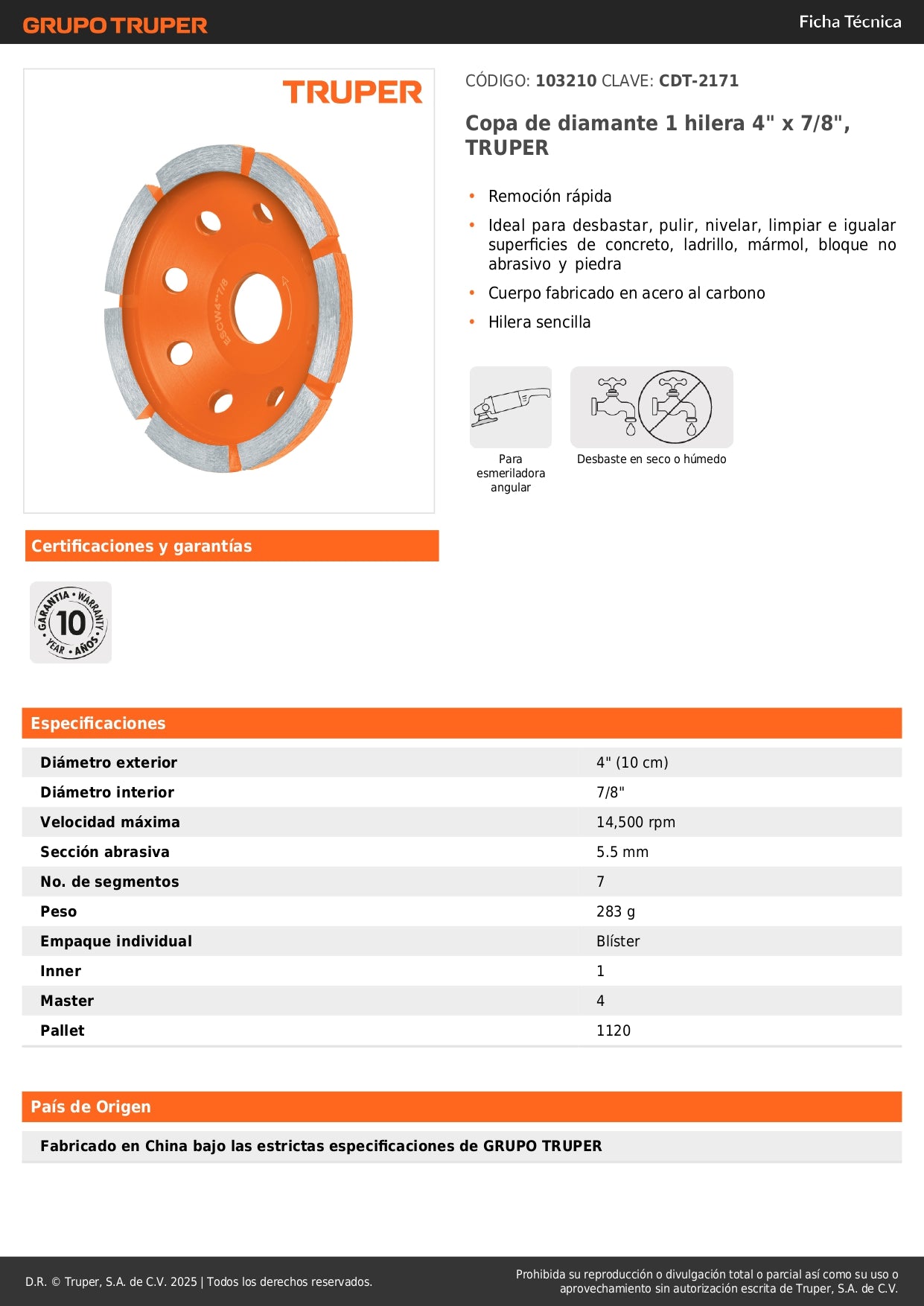 Copa de diamante 1 hilera 4" x 7/8", TRUPER