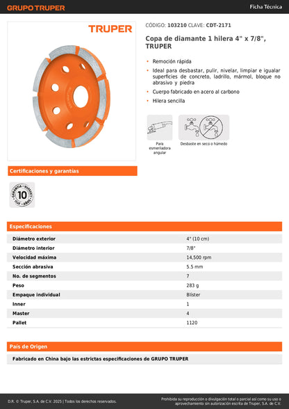 Copa de diamante 1 hilera 4" x 7/8", TRUPER