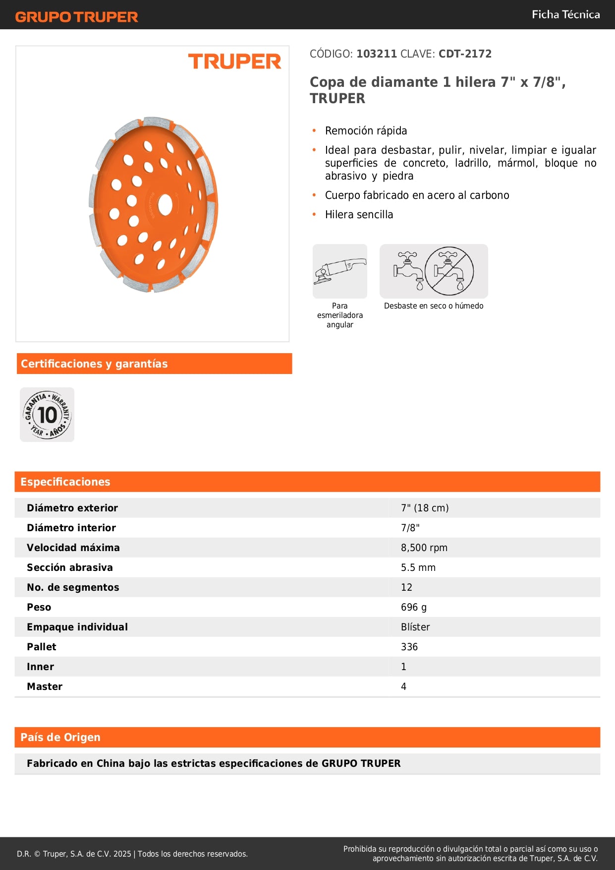 Copa de diamante 1 hilera 7" x 7/8", TRUPER