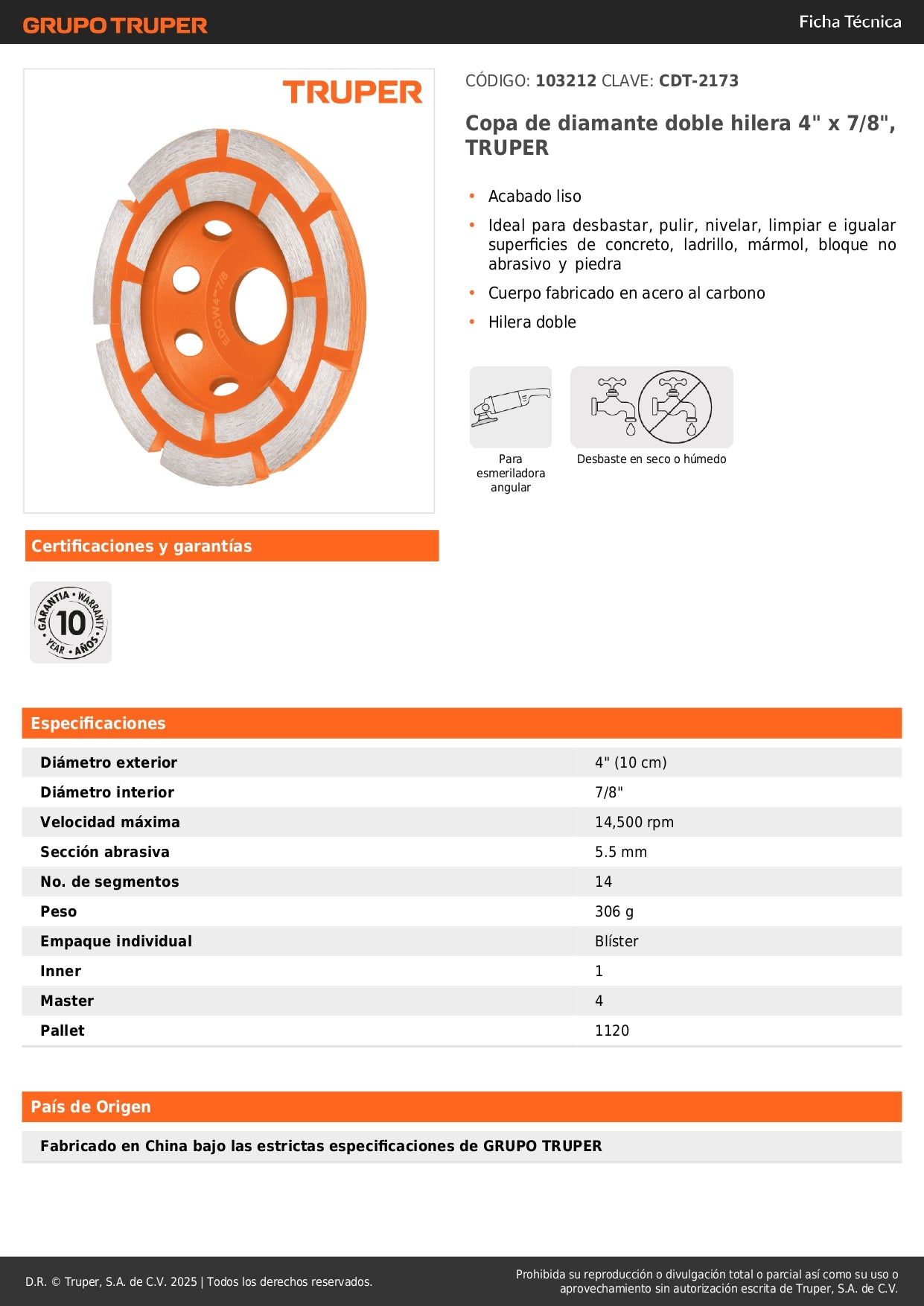 Copa de diamante doble hilera 4" x 7/8", TRUPER
