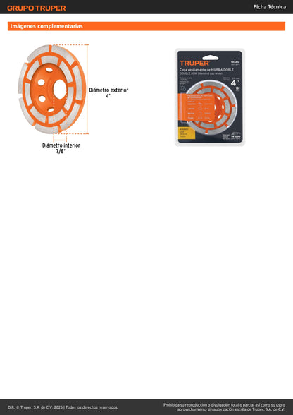 Copa de diamante doble hilera 4" x 7/8", TRUPER