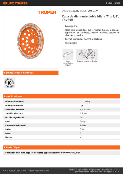 Copa de diamante doble hilera 7" x 7/8", TRUPER