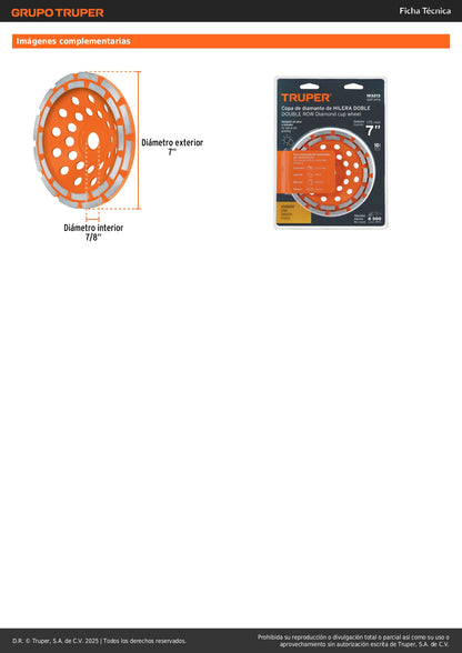 Copa de diamante doble hilera 7" x 7/8", TRUPER