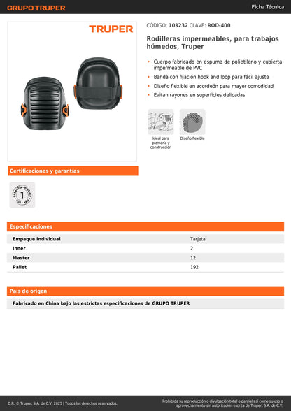 Rodilleras Impermeables Truper ROD-400 - Protección Profesional para Trabajos Húmedos y Superficies Delicadas