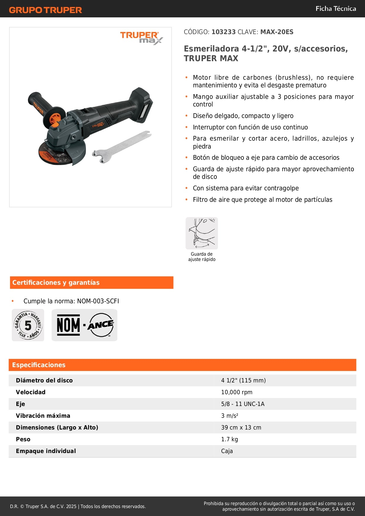 Esmeriladora Angular 4.5 Pulgadas 20V Brushless TRUPER MAX-20ES - Motor Sin Carbones para Cortar y Esmerilar Acero, Ladrillo, Azulejo y Piedra - Herramienta Profesional Inalámbrica
