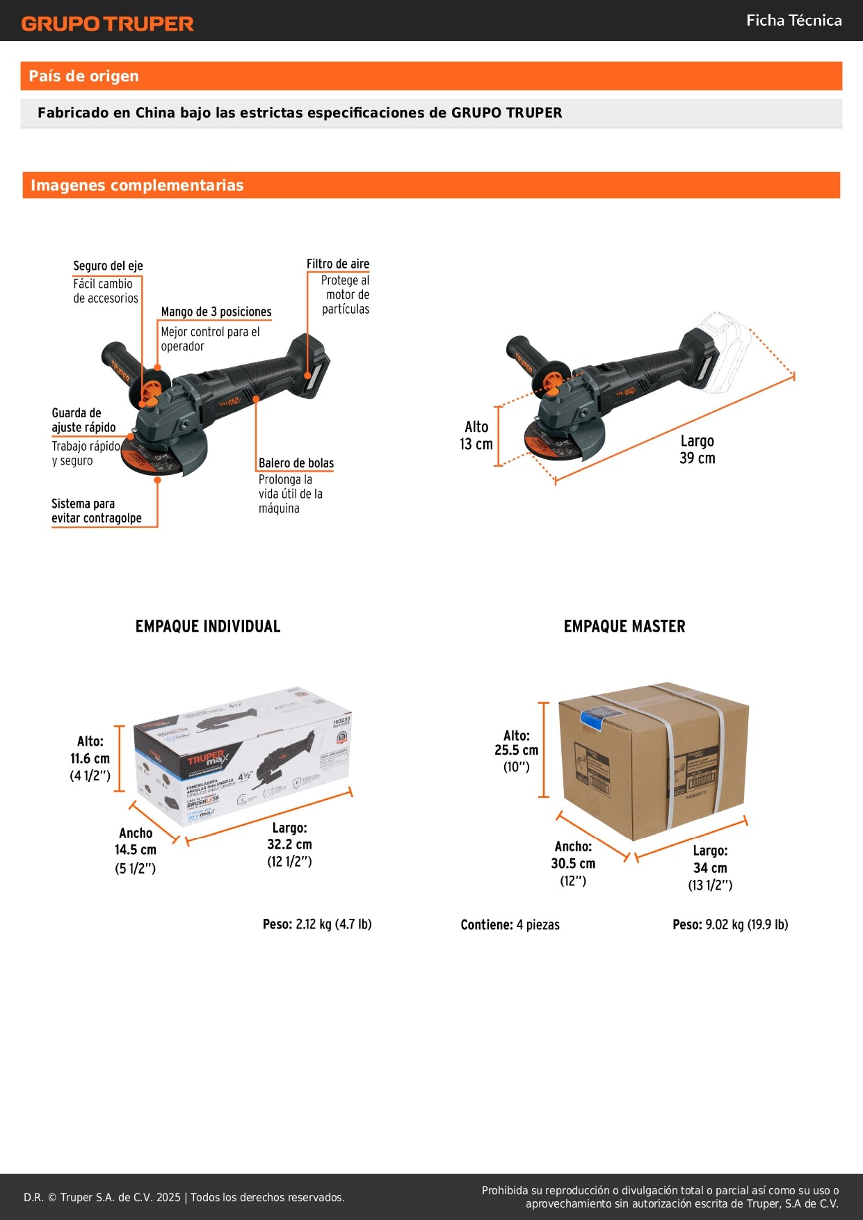 Esmeriladora Angular 4.5 Pulgadas 20V Brushless TRUPER MAX-20ES - Motor Sin Carbones para Cortar y Esmerilar Acero, Ladrillo, Azulejo y Piedra - Herramienta Profesional Inalámbrica