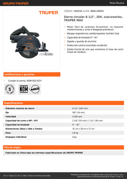 Sierra Circular 6-1/2" 20V Brushless TRUPER MAX-20SCS - Cortes Precisos Sin Mantenimiento para Carpintería Profesional