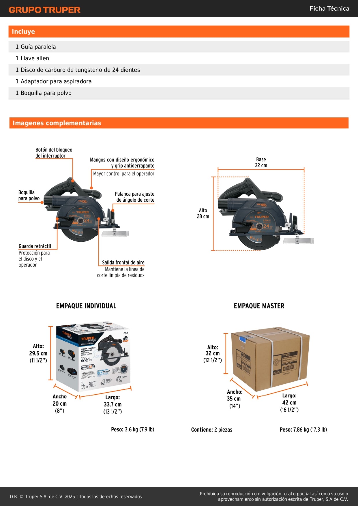 Sierra Circular 6-1/2" 20V Brushless TRUPER MAX-20SCS - Cortes Precisos Sin Mantenimiento para Carpintería Profesional