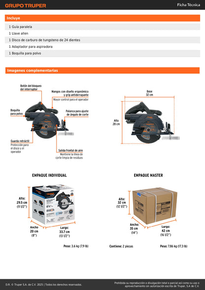 Sierra Circular 6-1/2" 20V Brushless TRUPER MAX-20SCS - Cortes Precisos Sin Mantenimiento para Carpintería Profesional