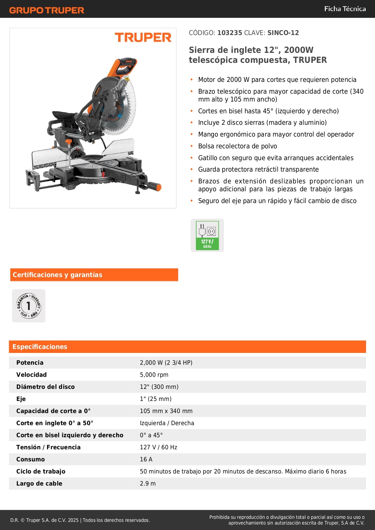 Sierra de Inglete Telescópica 12 Pulgadas 2000W TRUPER SINCO-12 - Cortes Precisos Bisel 45° Madera y Aluminio