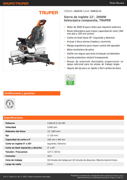 Sierra de Inglete Telescópica 12 Pulgadas 2000W TRUPER SINCO-12 - Cortes Precisos Bisel 45° Madera y Aluminio