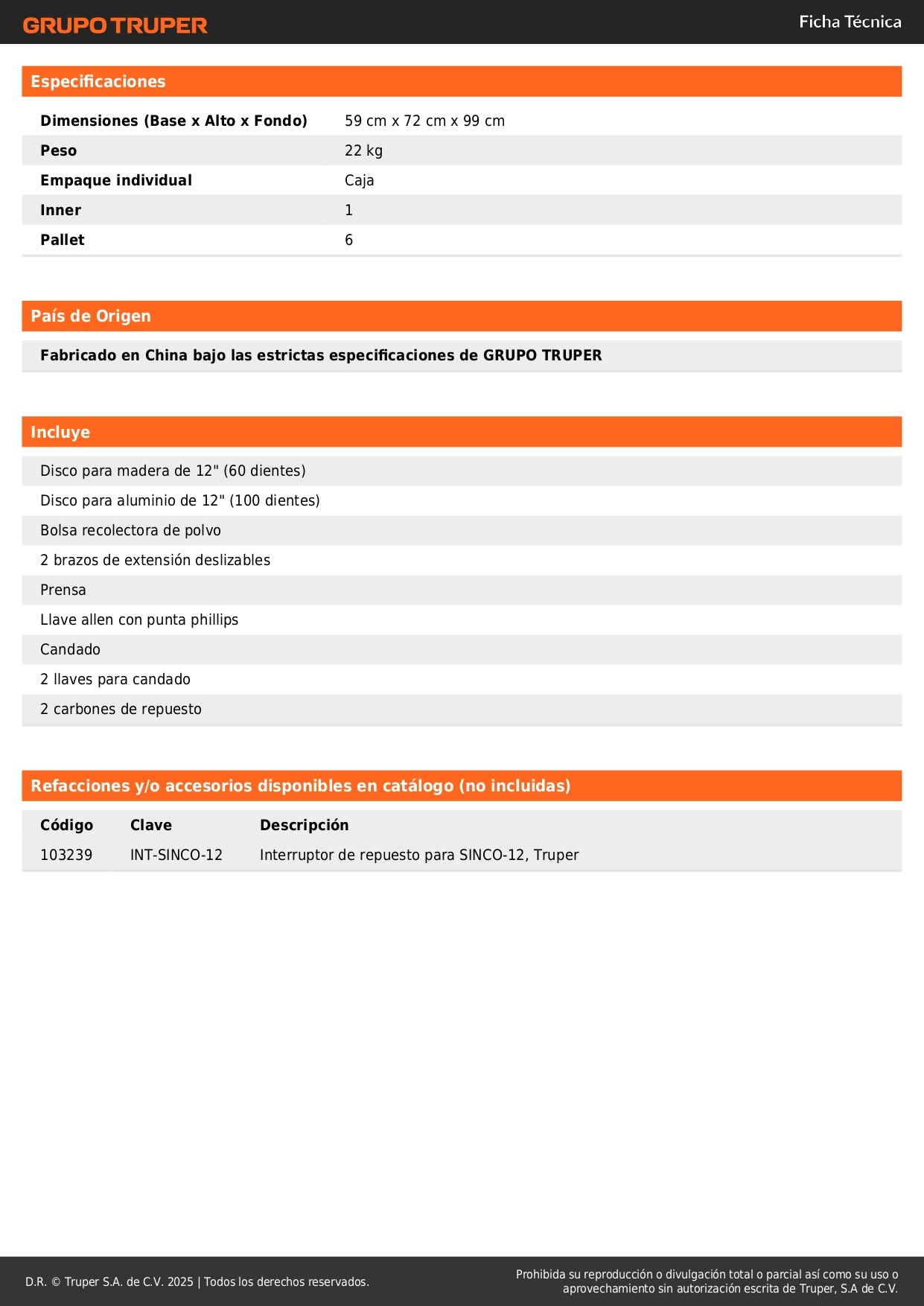 Sierra de Inglete Telescópica 12 Pulgadas 2000W TRUPER SINCO-12 - Cortes Precisos Bisel 45° Madera y Aluminio