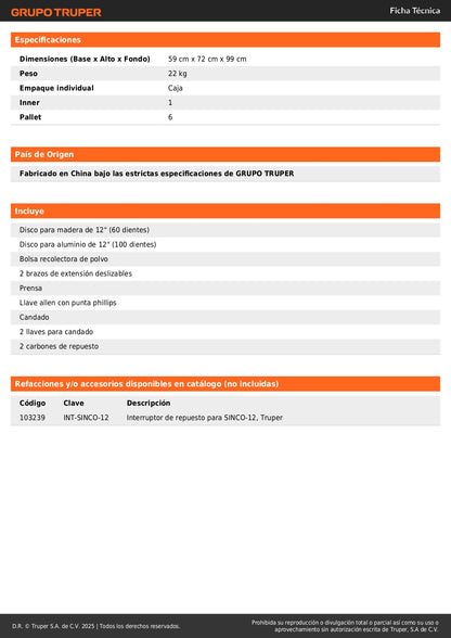 Sierra de Inglete Telescópica 12 Pulgadas 2000W TRUPER SINCO-12 - Cortes Precisos Bisel 45° Madera y Aluminio