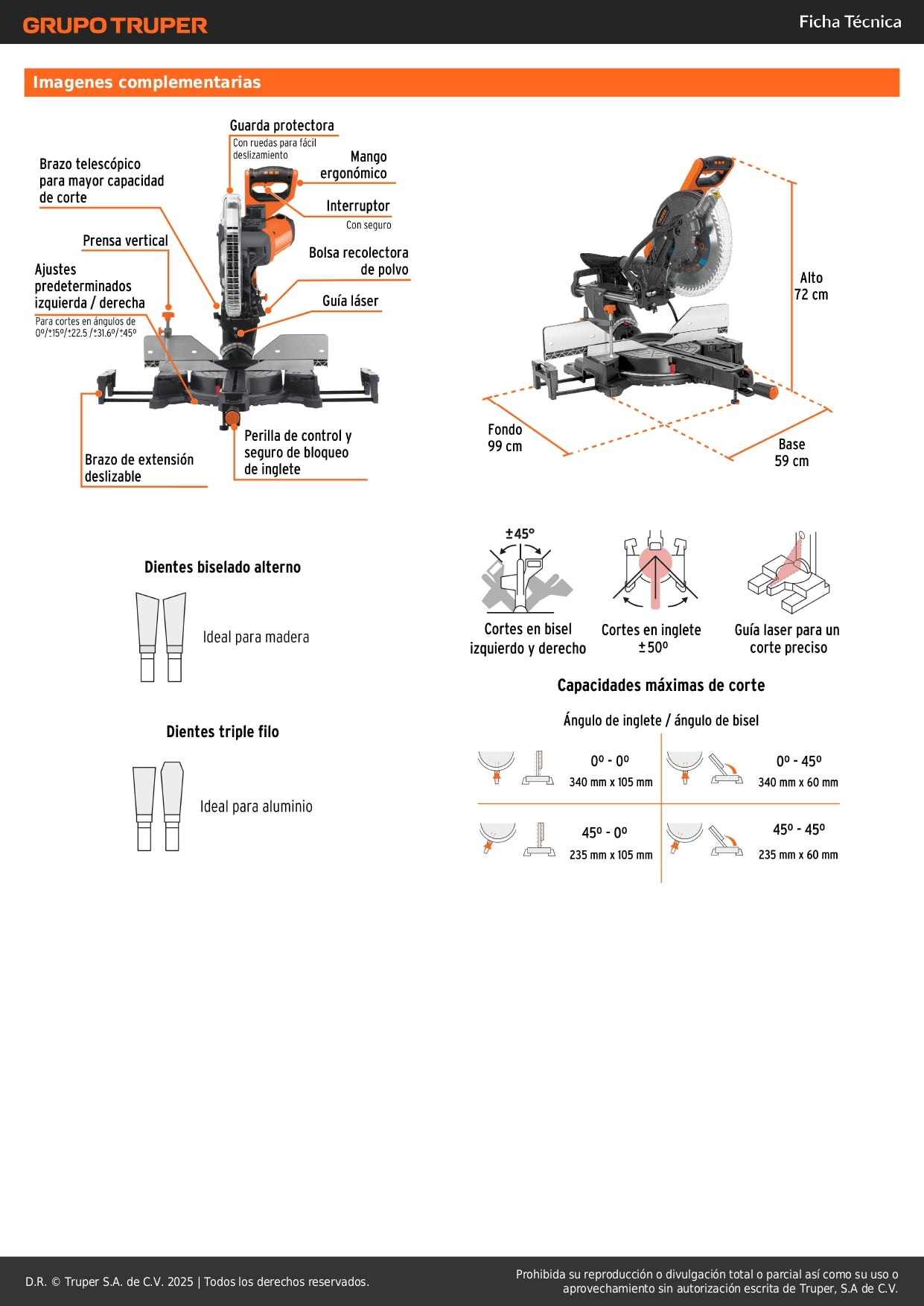 Sierra de Inglete Telescópica 12 Pulgadas 2000W TRUPER SINCO-12 - Cortes Precisos Bisel 45° Madera y Aluminio