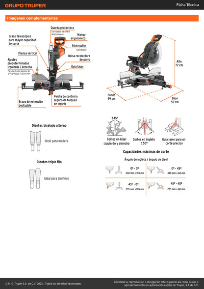 Sierra de Inglete Telescópica 12 Pulgadas 2000W TRUPER SINCO-12 - Cortes Precisos Bisel 45° Madera y Aluminio