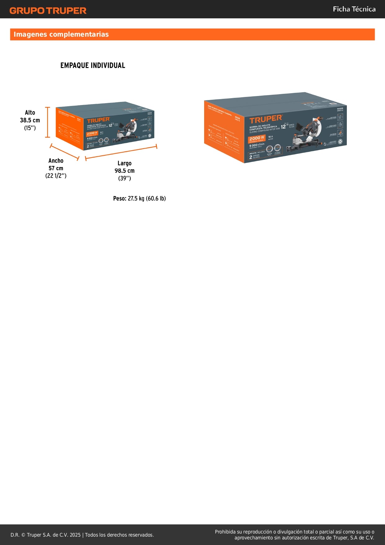 Sierra de Inglete Telescópica 12 Pulgadas 2000W TRUPER SINCO-12 - Cortes Precisos Bisel 45° Madera y Aluminio