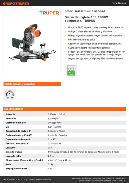Sierra de Inglete Compuesta 10" TRUPER 1900W - Cortes Precisos Madera y Aluminio - SINCO-10-3
