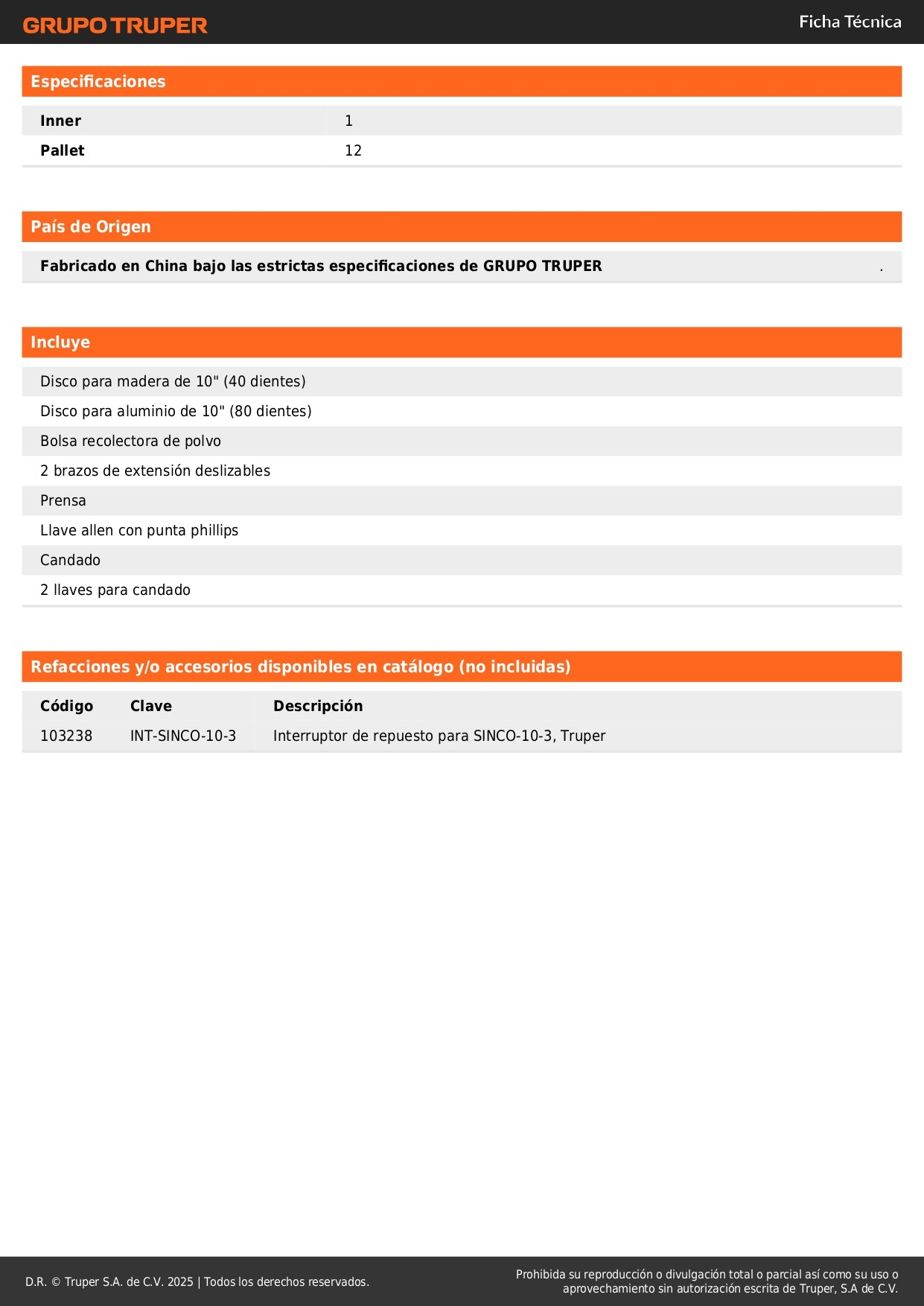 Sierra de Inglete Compuesta 10" TRUPER 1900W - Cortes Precisos Madera y Aluminio - SINCO-10-3