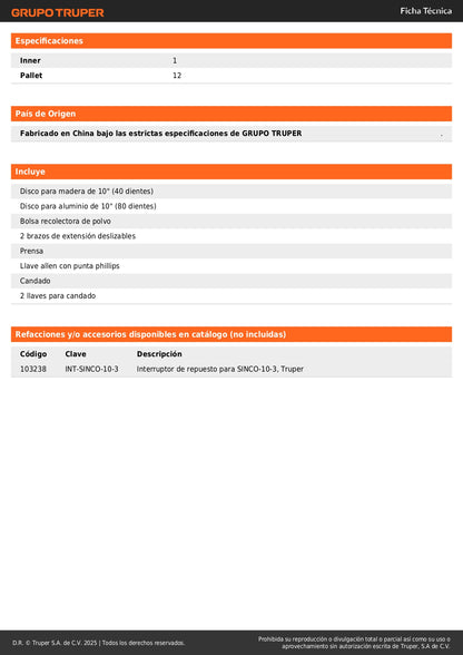 Sierra de Inglete Compuesta 10" TRUPER 1900W - Cortes Precisos Madera y Aluminio - SINCO-10-3