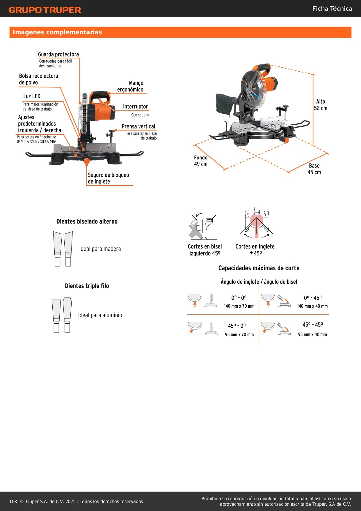 Sierra de Inglete Compuesta 10" TRUPER 1900W - Cortes Precisos Madera y Aluminio - SINCO-10-3