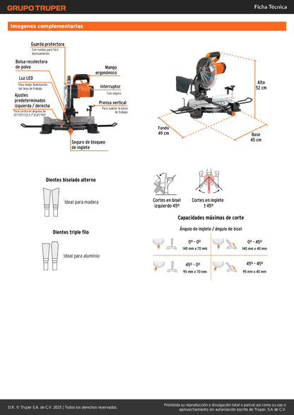 Sierra de Inglete Compuesta 10" TRUPER 1900W - Cortes Precisos Madera y Aluminio - SINCO-10-3
