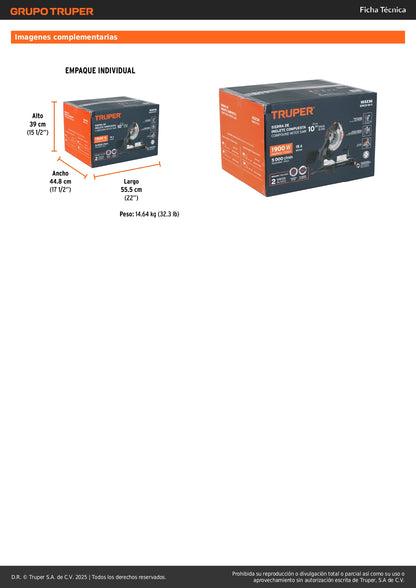 Sierra de Inglete Compuesta 10" TRUPER 1900W - Cortes Precisos Madera y Aluminio - SINCO-10-3