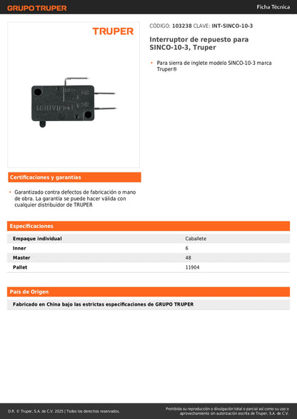 Interruptor de repuesto para SINCO-10-3, Truper