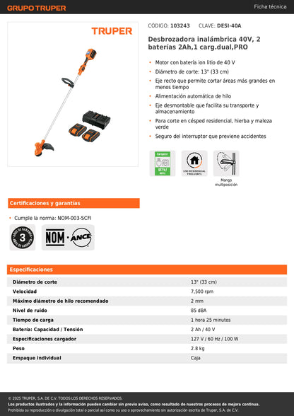 Desbrozadora inalámbrica 40V, 2 baterías 2Ah,1 carg.dual,PRO