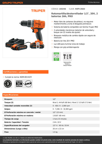 Rotomartillo/destornillador 1/2", 20V, 2 baterías 2Ah, PRO