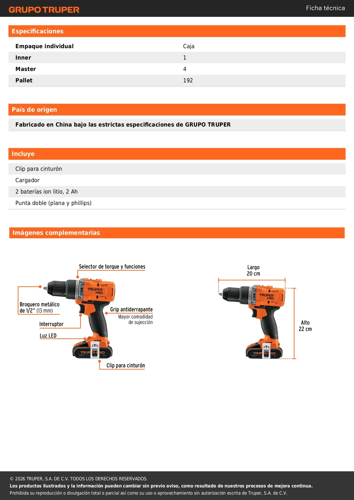 Rotomartillo/destornillador 1/2", 20V, 2 baterías 2Ah, PRO
